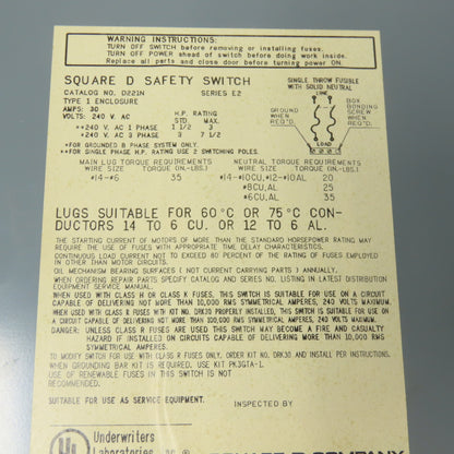 Square D D221N 30A General Duty Safety Disconnect Switch 240V