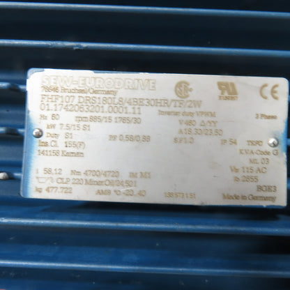 Sew Eurodrive FHF107 DRS180L8/4BE30HR/TF/2W 58.12:1 Ratio Gear Motor KW 7.5/15