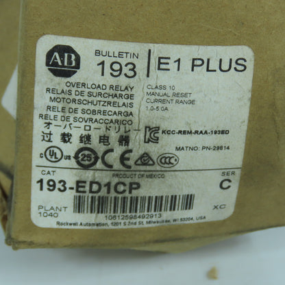 Allen-Bradley 193-ED1CP E1 Plus Overload Relay 1.0-5.0A Class 10 (Broken Foot)