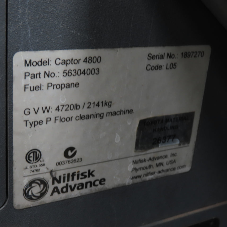 Advance Nilfisk Captor 4800 LPG Ride On Floor Sweeper Scrubber 62" Sweep 1970Hrs