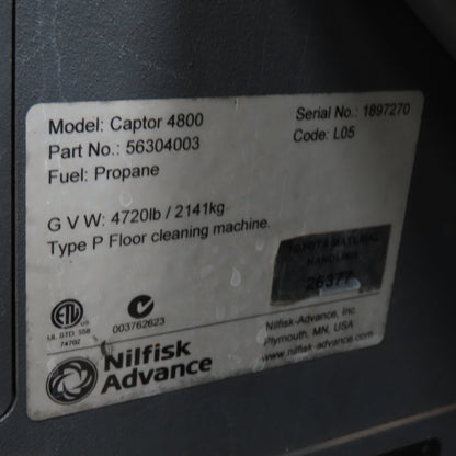 Advance Nilfisk Captor 4800 LPG Ride On Floor Sweeper Scrubber 62" Sweep 1970Hrs