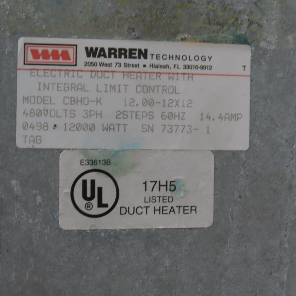 Warren Technology CBHO-K 12kW 480V 3-Phase Electric Duct Heater