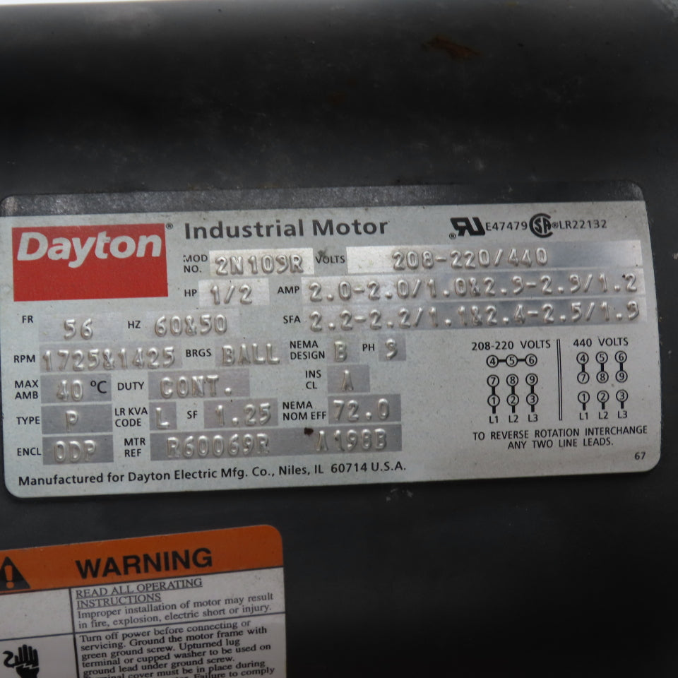 Dayton 3C716 1/2HP 10-1/2" Wheel Belt Drive Blower 208-230/440V 3Ph Tested