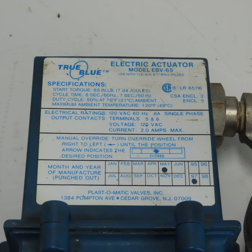 True Blue Plas-O-Matic EBV-65 Electric Actuator Valve 1/2" 120VAC 2A