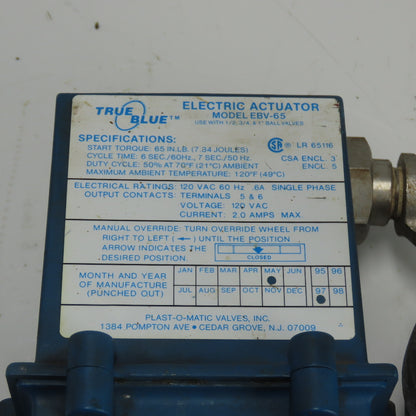 True Blue Plas-O-Matic EBV-65 Electric Actuator Valve 1/2" 120VAC 2A