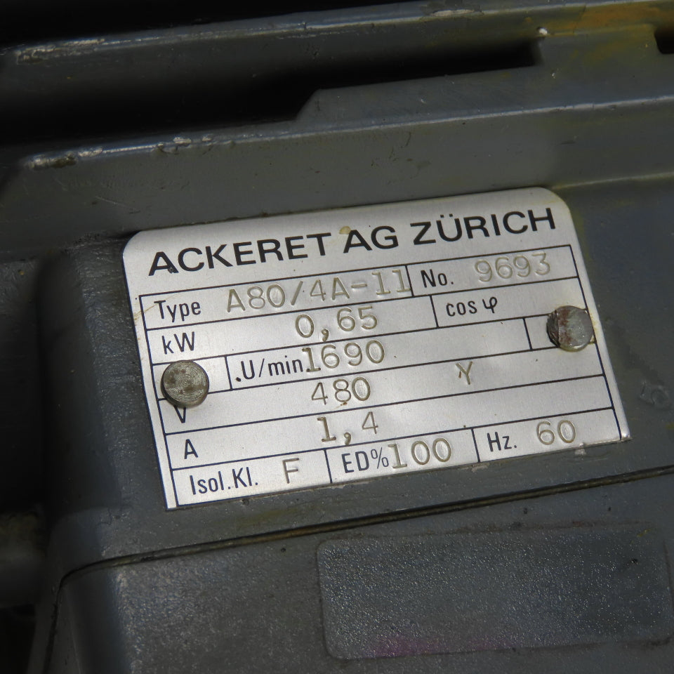 Ackeret AG Zurich A80/4A-11 0.65Kw Electric Motor 480V Y 1690RPM 1.4A 60Hz