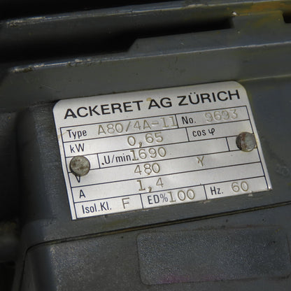 Ackeret AG Zurich A80/4A-11 0.65Kw Electric Motor 480V Y 1690RPM 1.4A 60Hz