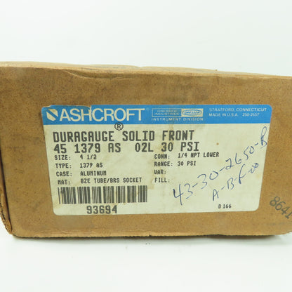 Ashcroft 45 1379 AS 02L Duraguage 4-1/2" 0-30PSI Range 1/4" NPT Brass Tube NEW