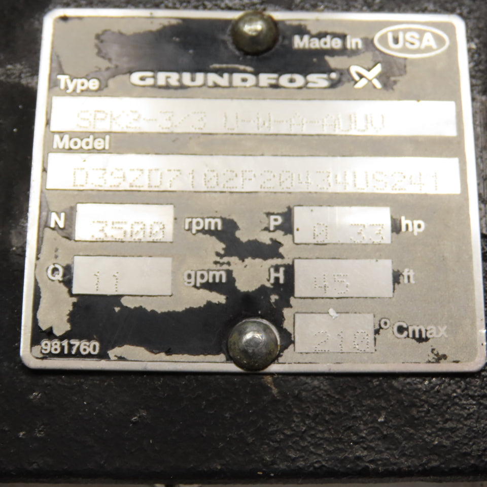Grundfos SPK2-3/3 1/3HP Centrifugal Coolant Pump 11GPM 230/460V 3Ph Tested