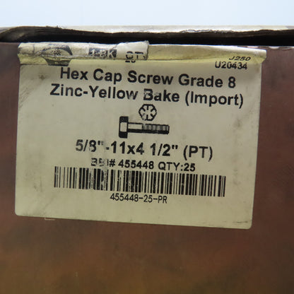 Brighton Best 5/8"-11 x 4-1/2" Hex Cap Grade 8 Yellow Zinc Bolts Lot Of 25