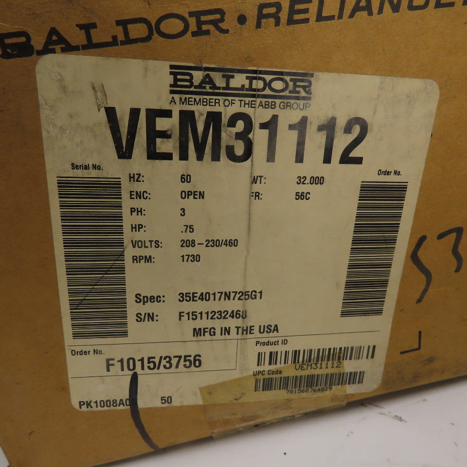 Baldor VEM31112 .75HP AC Electric Motor 3Ph 230/460V 1730RPM 56C Frame NEW