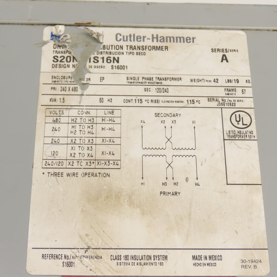 Eaton S20N11S16N 1.5KVA 1Ph Transformer 240x480 Pri 120/240V Sec NEMA 3R