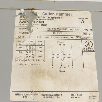 Eaton S20N11S16N 1.5KVA 1Ph Transformer 240x480 Pri 120/240V Sec NEMA 3R