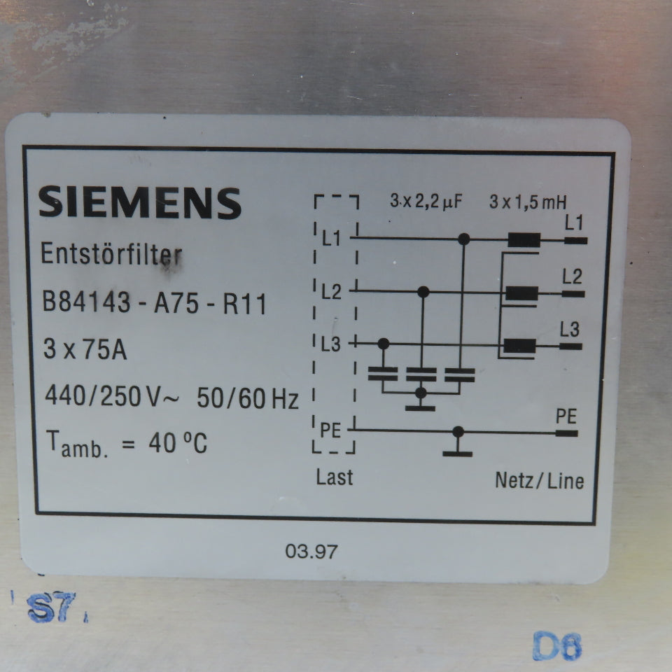 Siemens B84143-A75-R11 3x75A 440/250V 50/60Hz Noise Filter