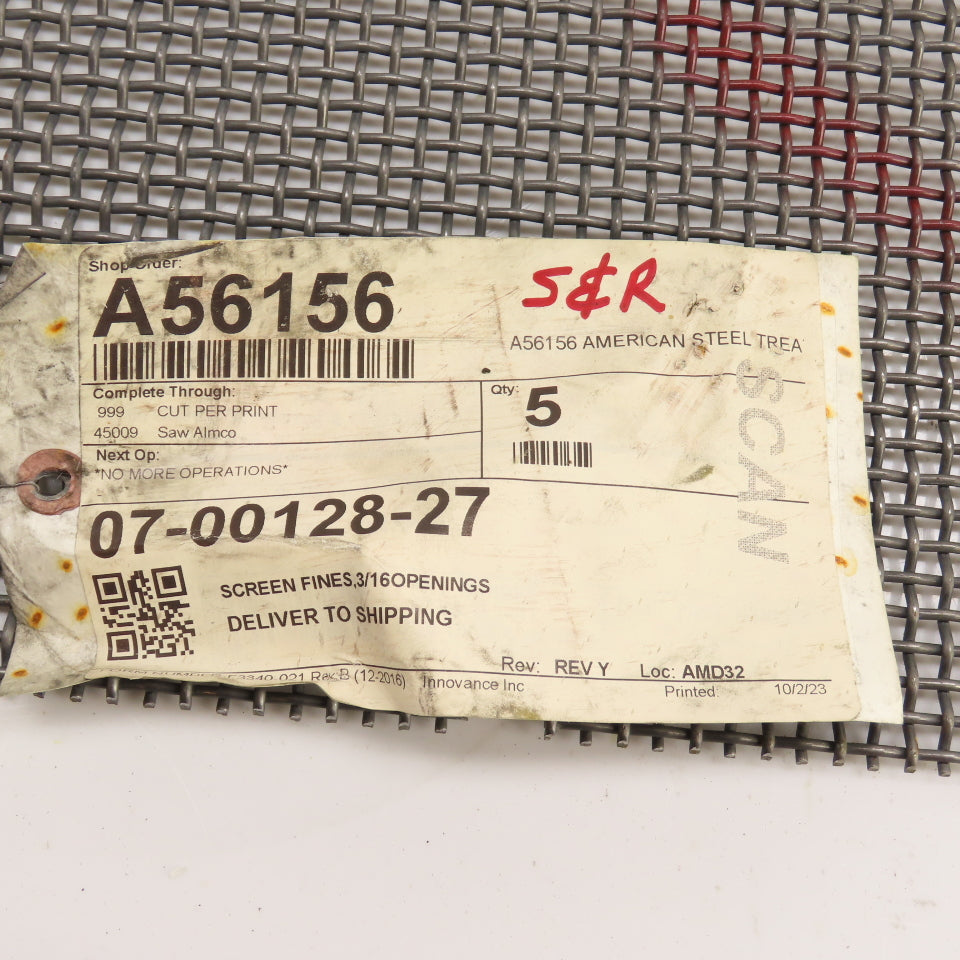 Steel Screen Fines Wire Mesh 26" x 23-1/8" 3/16" Openings 3/32" Thick