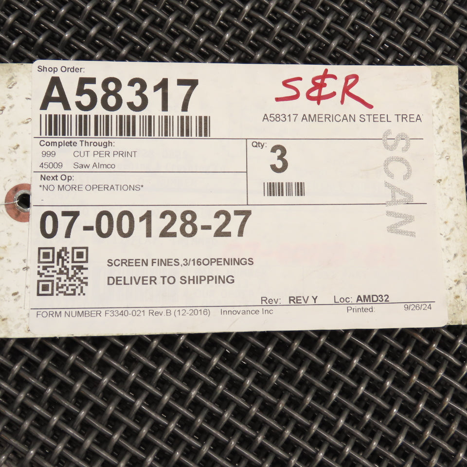 Steel Screen Fines Wire Mesh 26" x 23-1/8" 3/16" Openings 3/32" Thick Lot Of 3