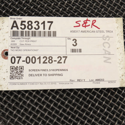 Steel Screen Fines Wire Mesh 26" x 23-1/8" 3/16" Openings 3/32" Thick Lot Of 3