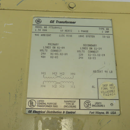GE General Electric 9T51B0011 1.50KVa Transformer 240/480V Pri 120/240V Sec 1Ph