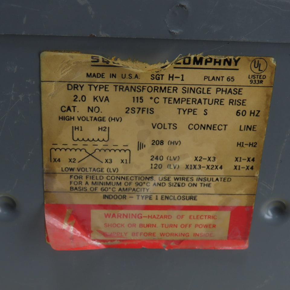 Square D 2S7FIS 2KVa Dry Type Transformer 1Ph 208V Pri 120/240V Sec