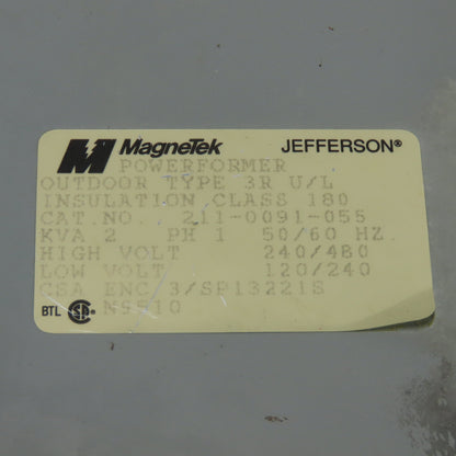 Magnetek 211-0091-055 2KVA Transformer 240/480V Pri 120/240V Sec 1Ph Class 180