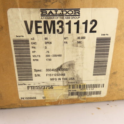 Baldor Reliance VEM31112 3/4HP AC Electric Motor 1730RPM 230/460V 3Ph 56C Fr New
