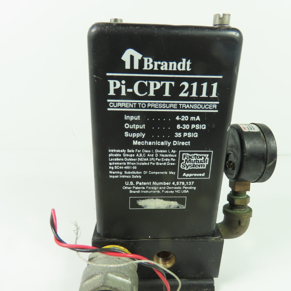 Brandt Pi-CPT 2111 Current To Pressure Transducer4-20mA 6-30PSI Out 35PSIG Supp.