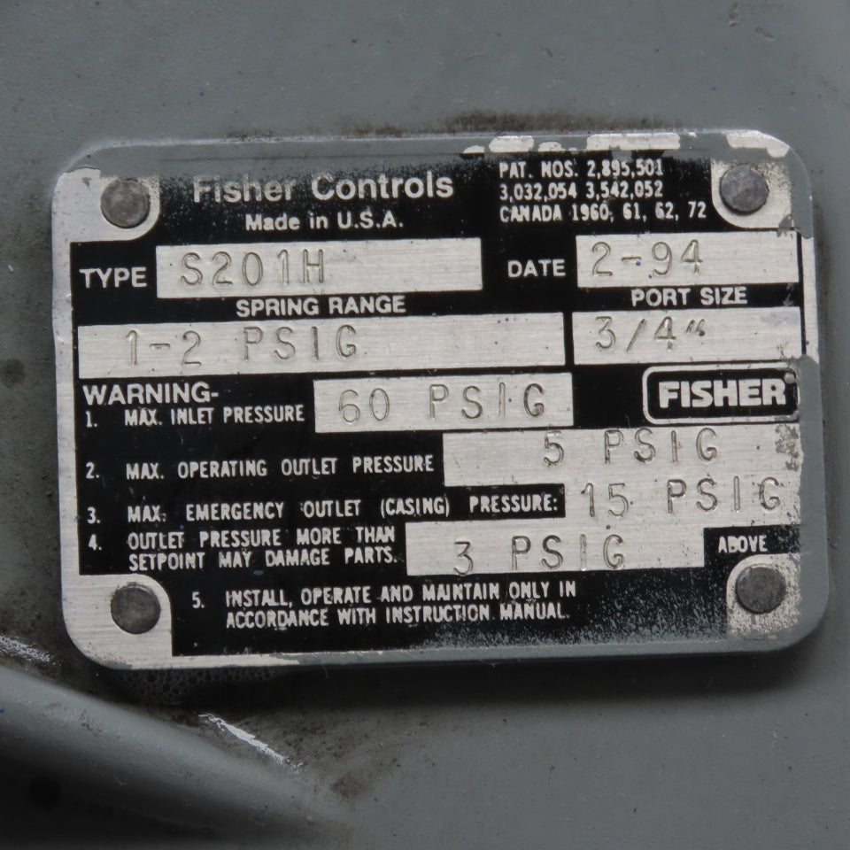 Fisher Controls S201H Gas Pressure Regulator 3/4" Port 1-2 PSIG Spring Range