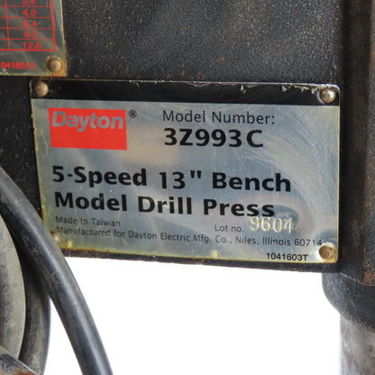 Dayton 3Z993C 13" Bench Top Drill Press 1/3HP 5-Speed 115V Tested