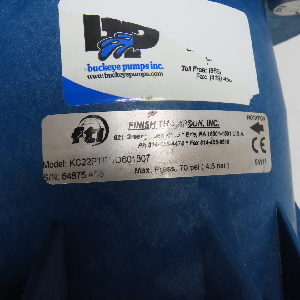 Finish Thompson KC22PTFNO601807 2" Sealless Mag Drive Centrifugal Pump 7.5HP 3Ph