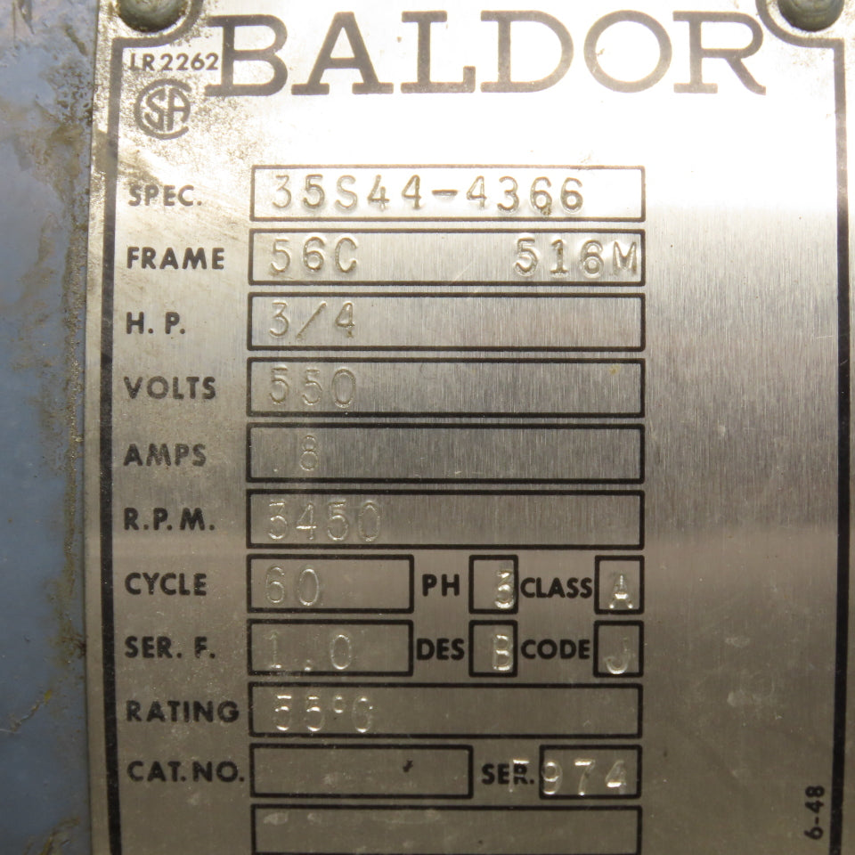 Baldor 35S44-4366 3/4Hp 3450RPM 550V 60Hz 3Ph AC Motor 56C
