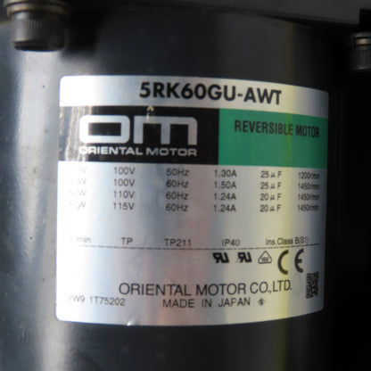 Oriental Motor 5RK60GU-AWT 5GU120RH 100-110/115V 50/60Hz Reversible Gear Motor