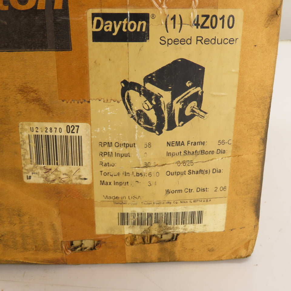 Dayton 4Z010 30:1 C-Face Right Angle Speed Reducer 56C 0.75HP