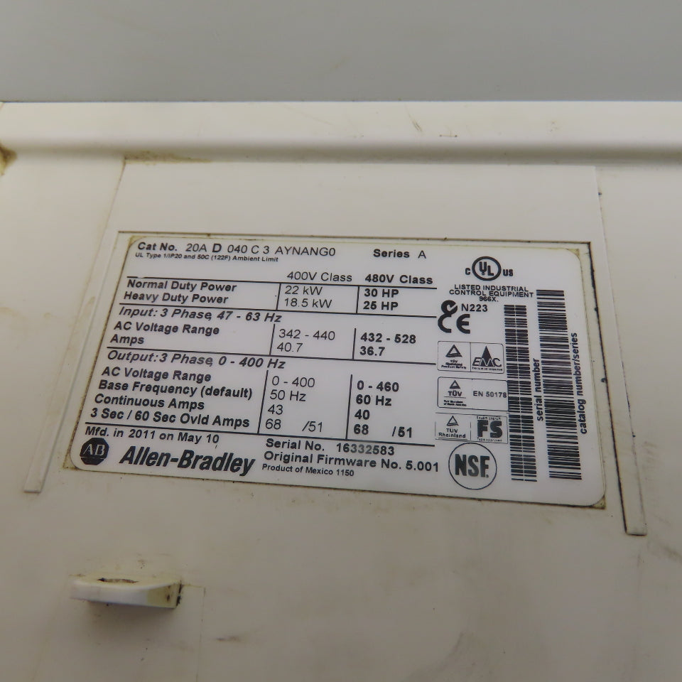 Allen Bradley 20AD040C3AYNANG0 Ser A PowerFlex 70 30HP AC Drive 3Ph 480V