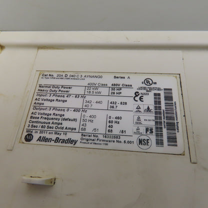 Allen Bradley 20AD040C3AYNANG0 Ser A PowerFlex 70 30HP AC Drive 3Ph 480V