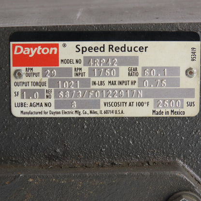 Dayton 4RP42 60:1 C-Face Right Angle Speed Reducer 56C 0.75HP