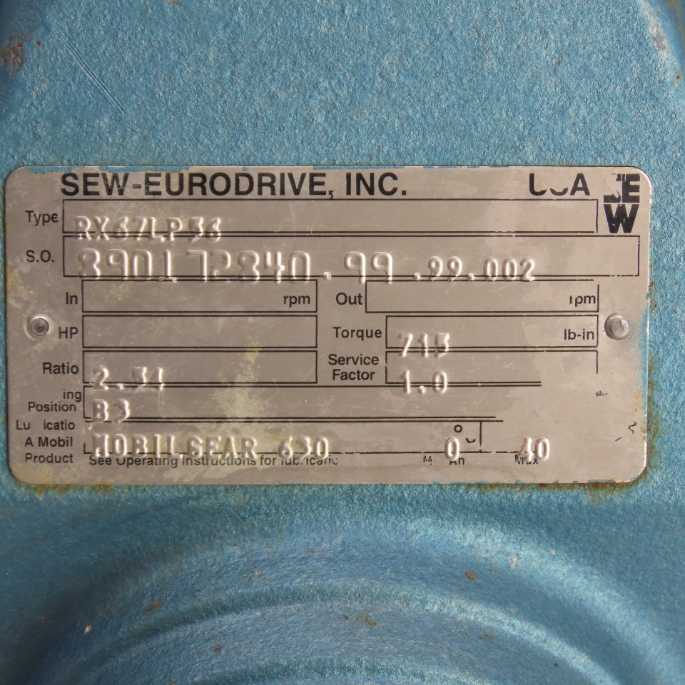 SEW-Eurodrive RX67LP56 2.31 Ratio Gear Reducer 713 lb-in Torque Inline