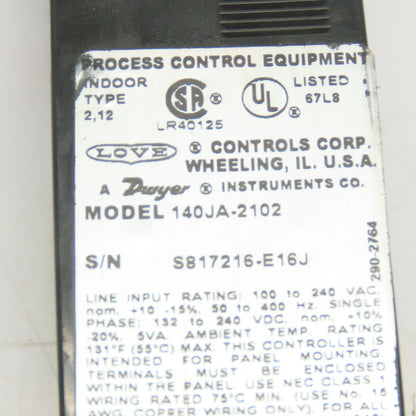 Love Controls 140JA-2102 Panel Mount Temperature Controller 0-400°F