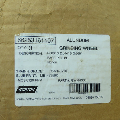 Norton 66253161107 GWRH360 Alundum Grinding Wheel 4" x 2.344" x 2" 80 Grit Lot/3