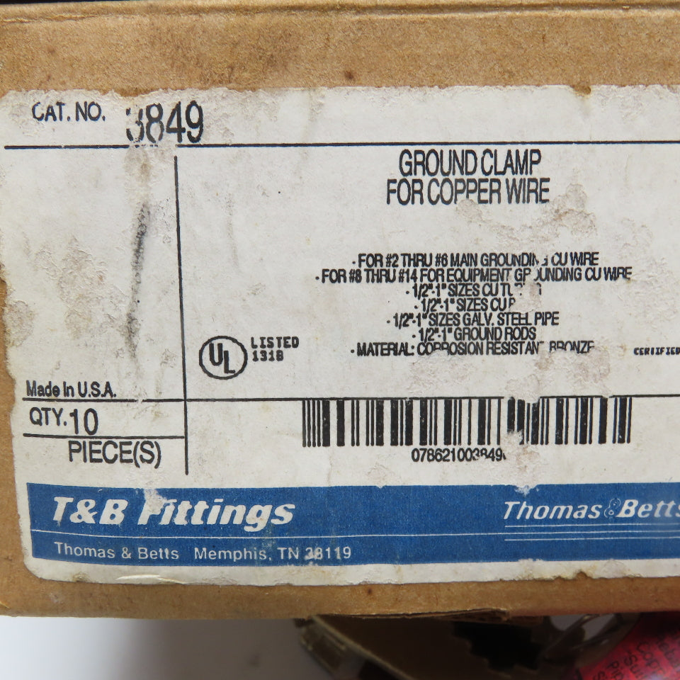 Thomas & Betts 3849 Bronze Grounding Clamp For #2-#6 CU Grounding Wire Lot Of 10