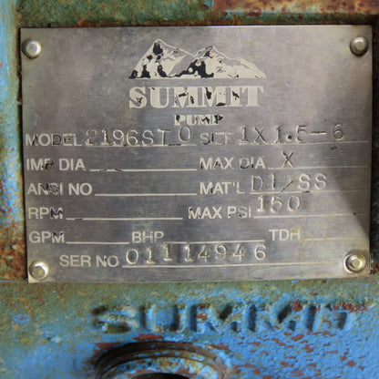 Summit Pump 2196STO Centrifugal Process Pump 1x1.5-6 DI/SS 150PSI