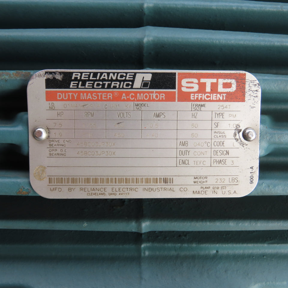 Reliance 01MAN2914 G 001 KA 7.5/1.9HP Electric Motor 460V 3Ph 1155/570RPM 254T