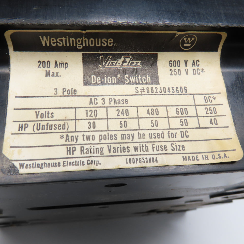 Westinghouse 100P653H04 Visi-Flex De-Ion Switch 200A 3 Pole 600VAC 250VDC 3Ph