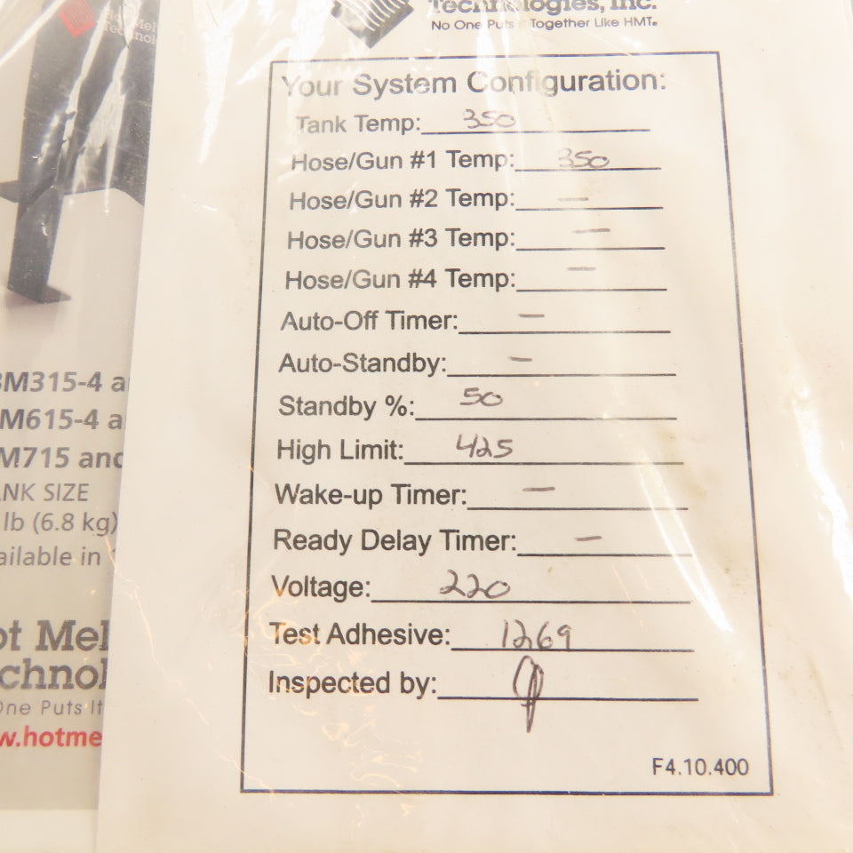 Hot Melt Technologies Benchmark 315 Adhesive Supply Unit 220V 8ft Heated Hose