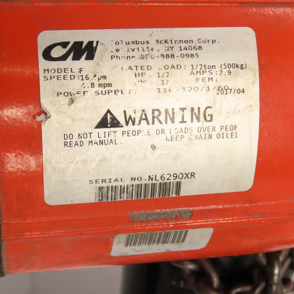CM Lodestar Model F 1/2 Ton Electric Chain Hoist 120V 1Ph 10' Lift 16FPM Tested