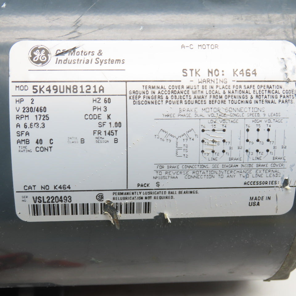 General Electric 5K49UN8121A 2Hp 1725RPM 230/460V 3Ph AC Motor Damaged Tested