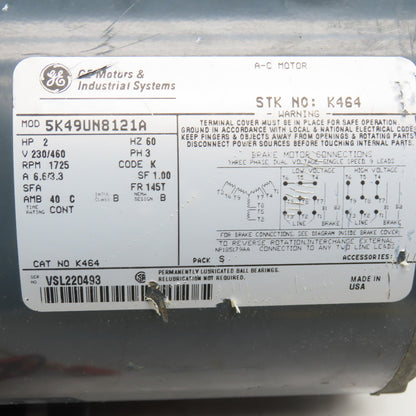 General Electric 5K49UN8121A 2Hp 1725RPM 230/460V 3Ph AC Motor Damaged Tested