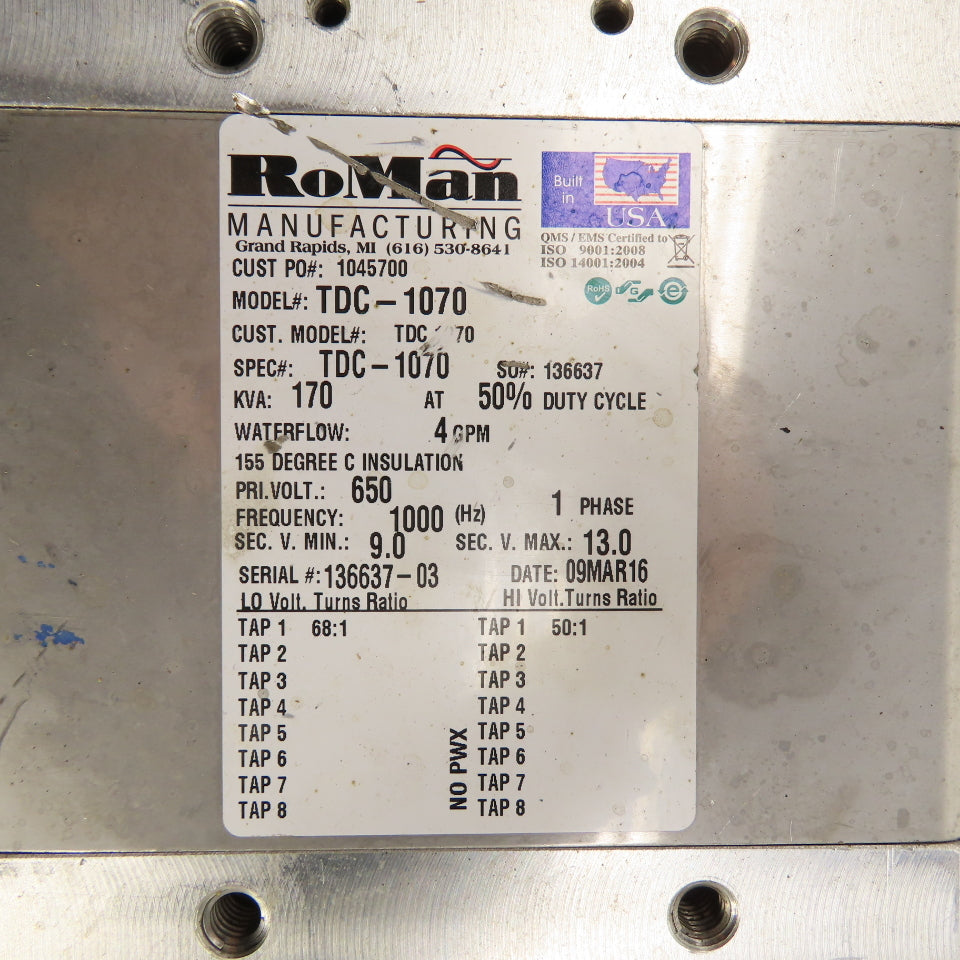 RoMan TDC-1070 170 KVA Water Cooled Welding Transformer 650V Primary