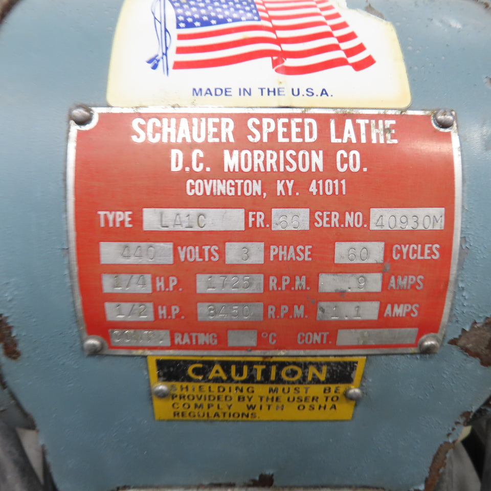 Schauer LA1C Speed Lathe 440V 1/4-1/2HP 3Ph 60Hz 3450RPM 1.1A W/Bench 36x20" Top
