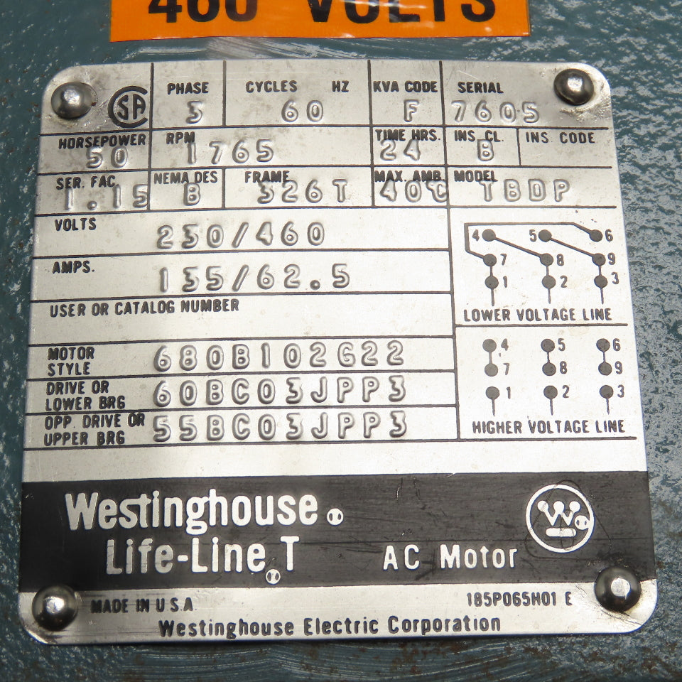 Westinghouse 680B102G22 50Hp 1765RPM 230/460V 3Ph AC Electric Motor