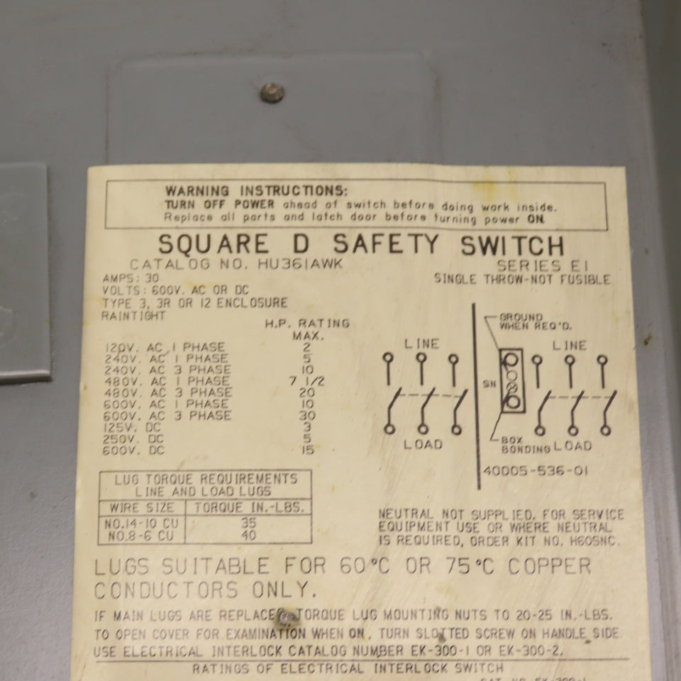 Square D HU361AWK 30A 3-Pole Non-Fusible Safety Disconnect Switch 600V 3R